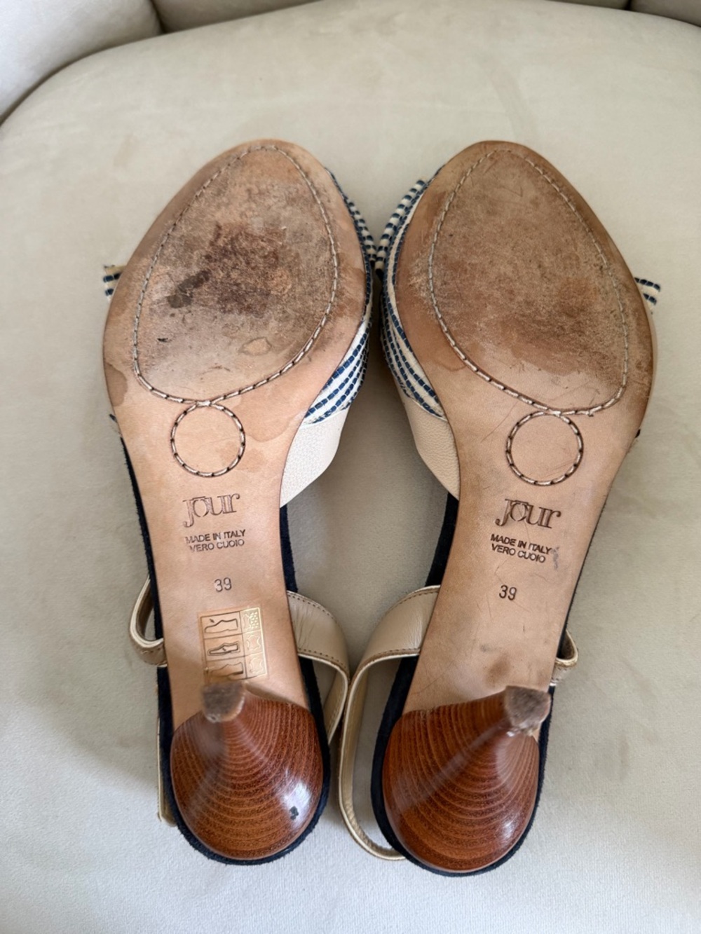 O Jour Vtg Bow-Accent Beige Slingback Heels Navy Stripes Open Toe Shoes Y2K 8 - Picture 11 of 13